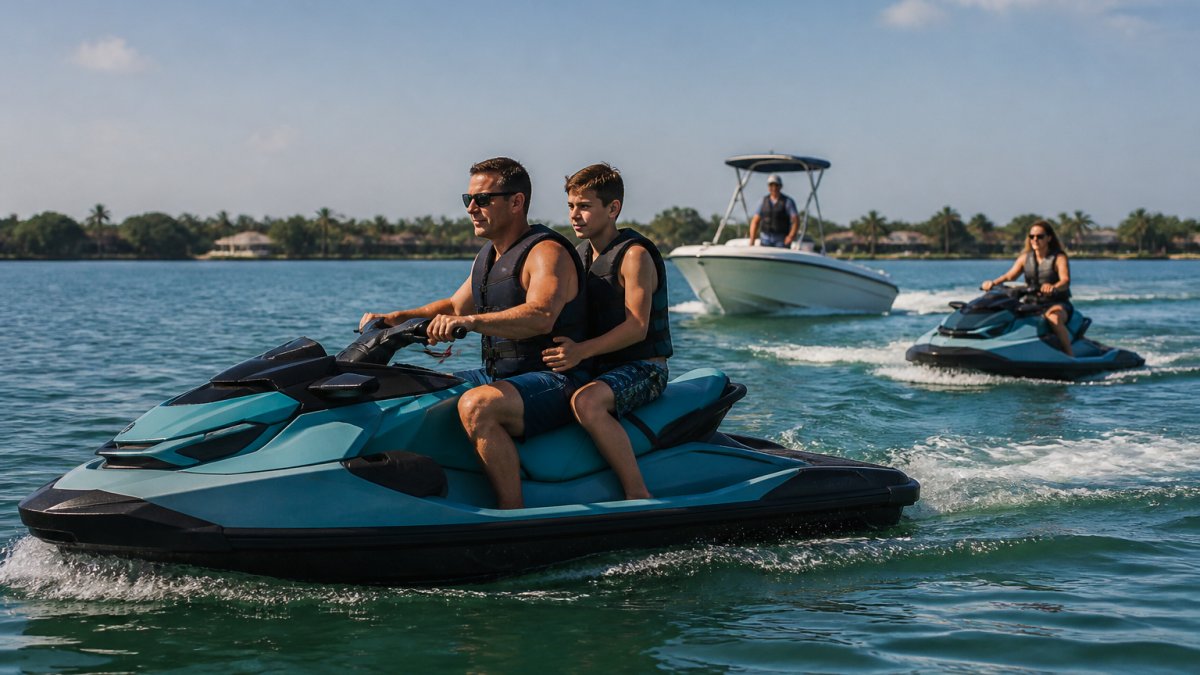 Parent and teenager wearing life jackets riding a jet ski during family jet ski rentals on calm coastal water.