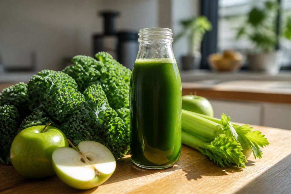A clear glass bottle of fresh-pressed green juice sits on a wooden counter beside a pile of whole kale, apples, and celery in bright natural light