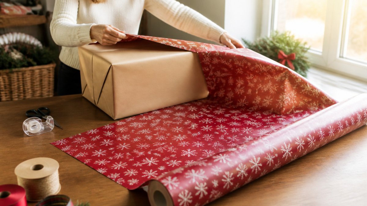 Infographic illustrating the step-by-step process for efficiently wrapping large holiday gifts with jumbo rolls.