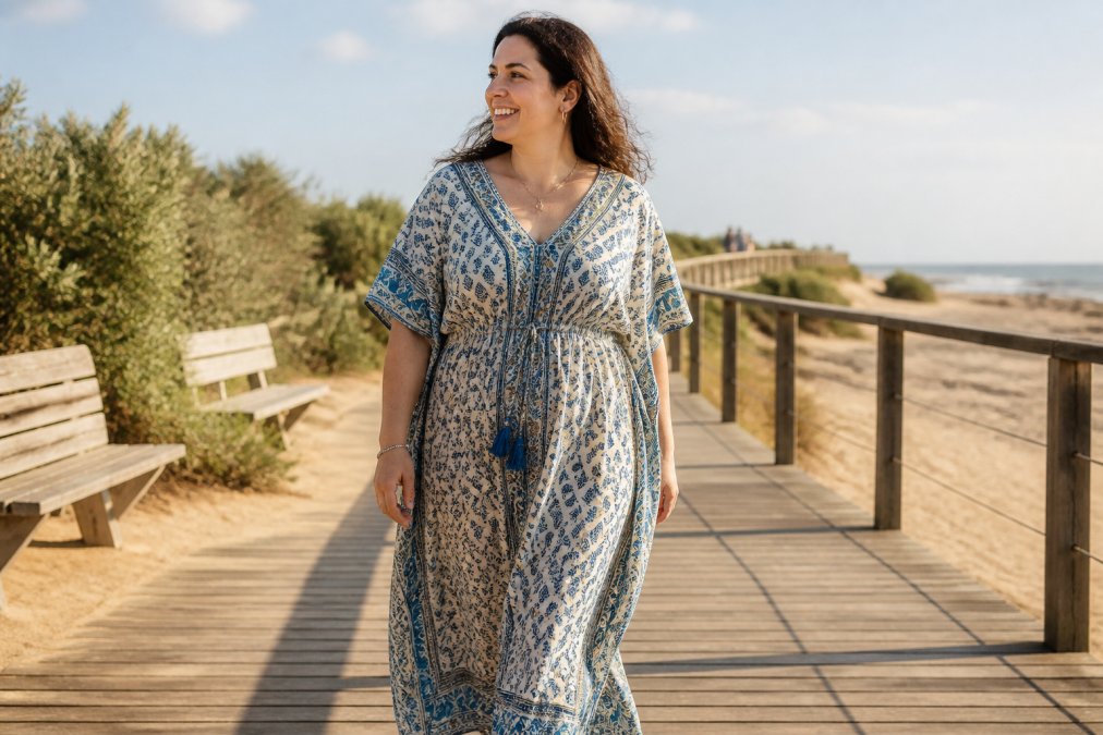 A woman with a pear-shaped figure wearing a flowy block-print cotton kaftan with a drawstring waist, standing on a sunny beach boardwalk, smiling and looking comfortable, natural afternoon light