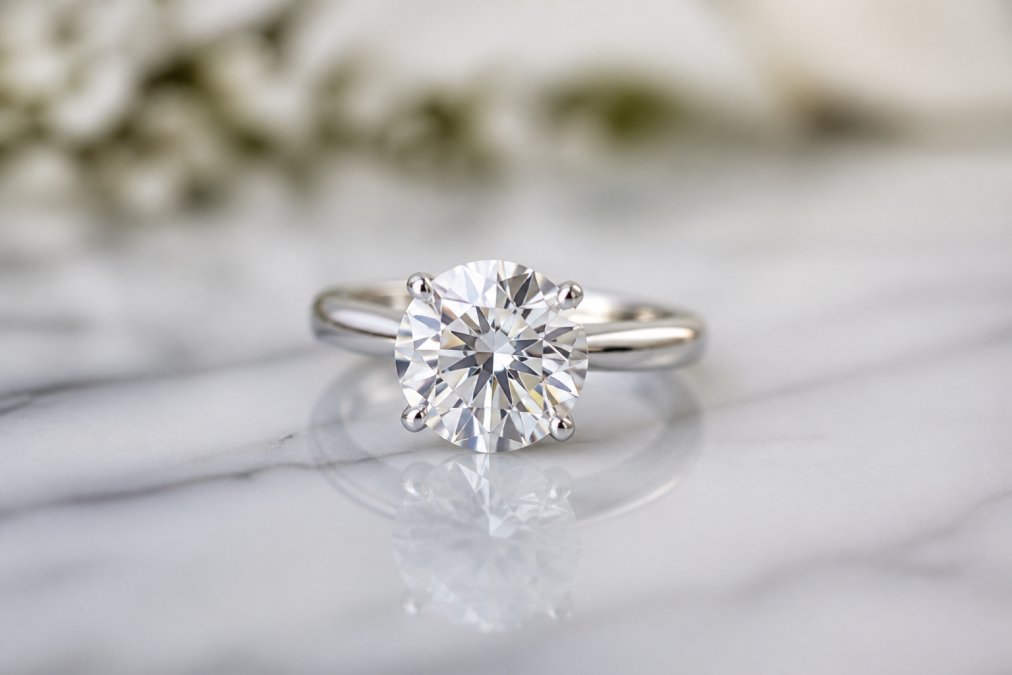 Close-up macro shot of a brilliant round-cut diamond ring in 14K white gold resting on a white marble surface, catching light and displaying vivid sparkle and fire
