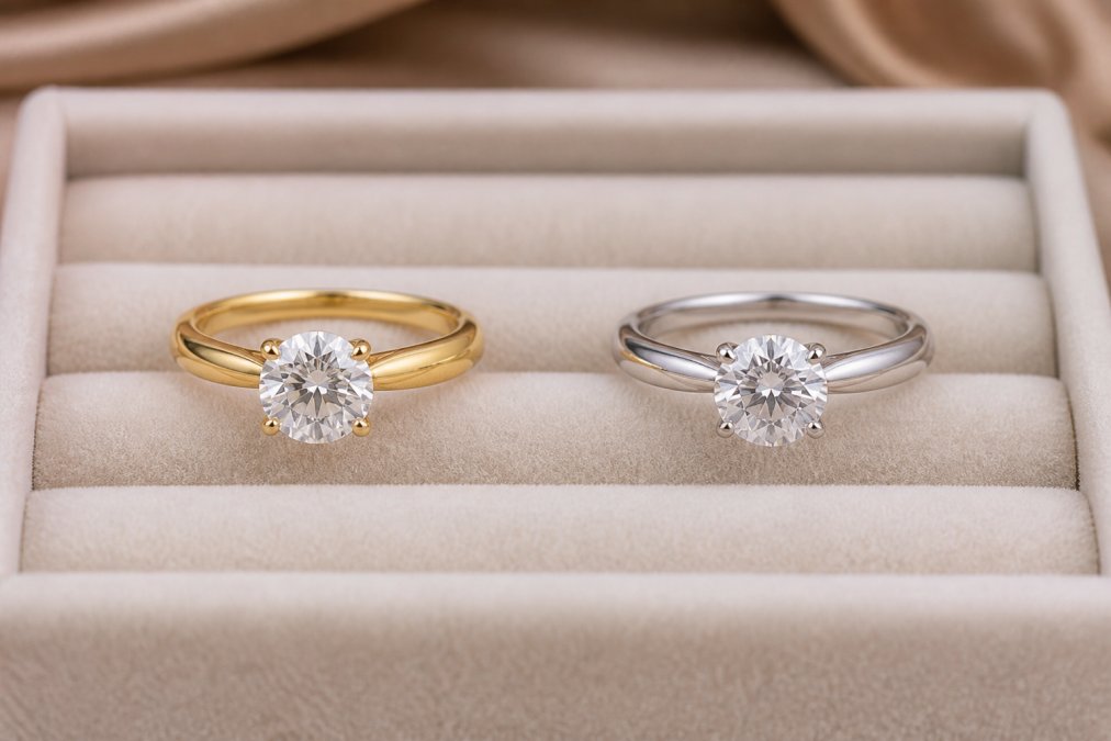 Two elegant diamond engagement rings placed side by side on a soft velvet jewelry tray, one in yellow gold and one in white gold, both sparkling under studio lighting