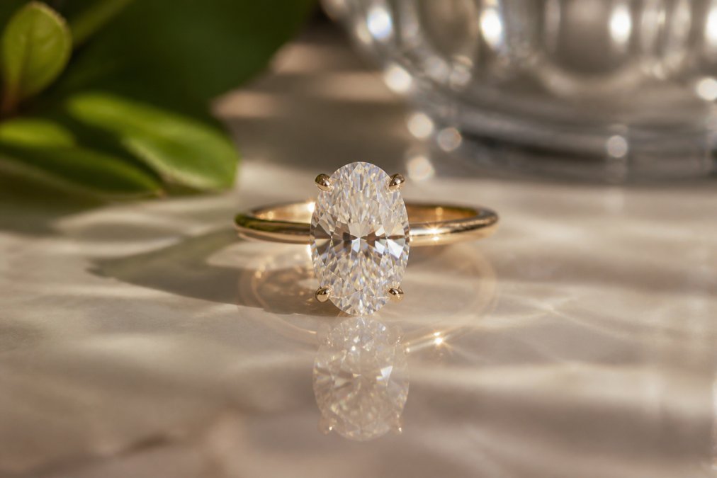 Close-up macro photograph of a sparkling oval cut diamond ring on a reflective surface, showing brilliant light dispersion and fire