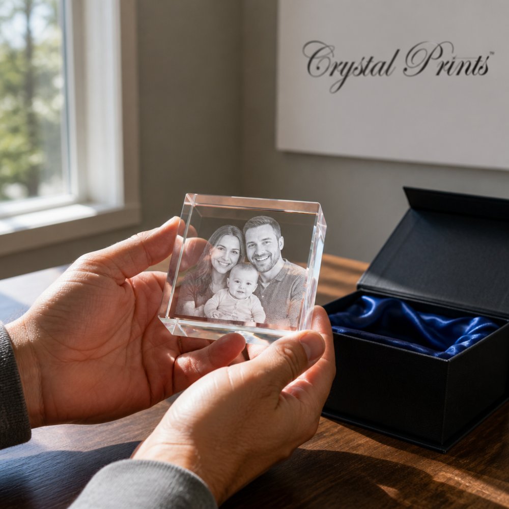 A close-up of hands holding a clear optical crystal block with a glowing 3D engraved portrait inside, soft window light highlighting the internal image, placed on a wooden table with a velvet-lined gift box nearby
