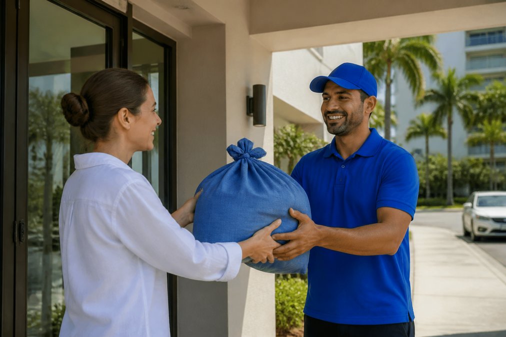 A person handing a neatly tied laundry bag to a friendly pickup driver at an apartment building entrance in Miami, with palm trees and bright sunlight in the background