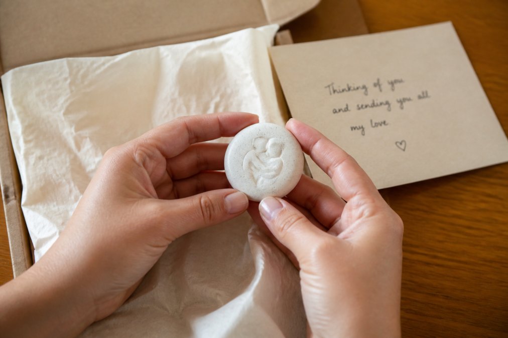 Close-up of two hands gently holding a small hand-finished keepsake token, with a handwritten gift card and tissue paper visible in the background on a warm wooden table in soft natural light
