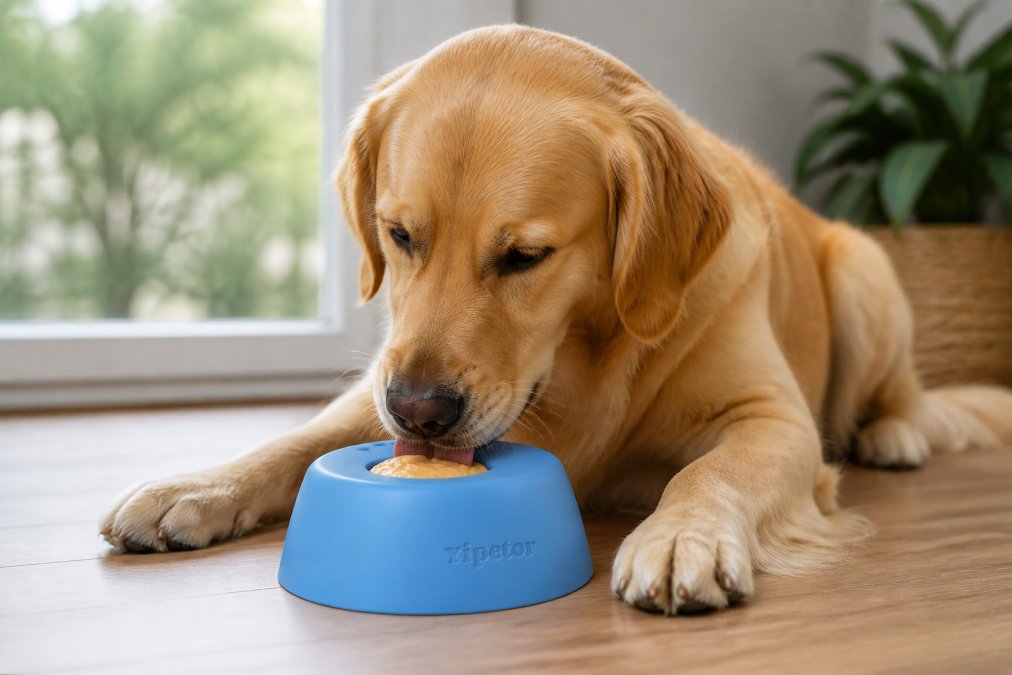 Relaxed dog with calm body language and soft eyes licking a textured mat spread with peanut butter, shown in natural daylight from a window