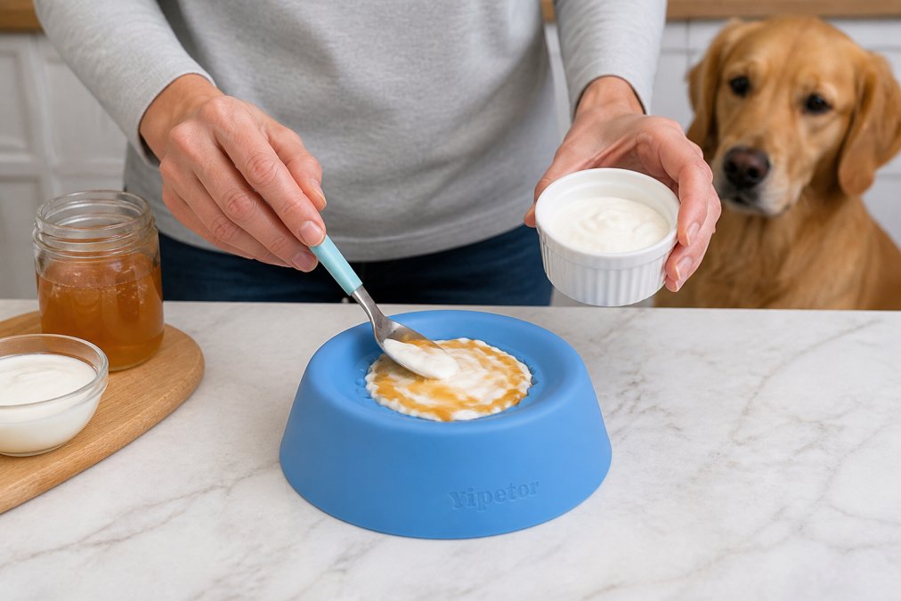 Hands carefully spreading bone broth and yogurt onto a textured lick mat placed on a kitchen counter with non-slip base visible, natural kitchen lighting