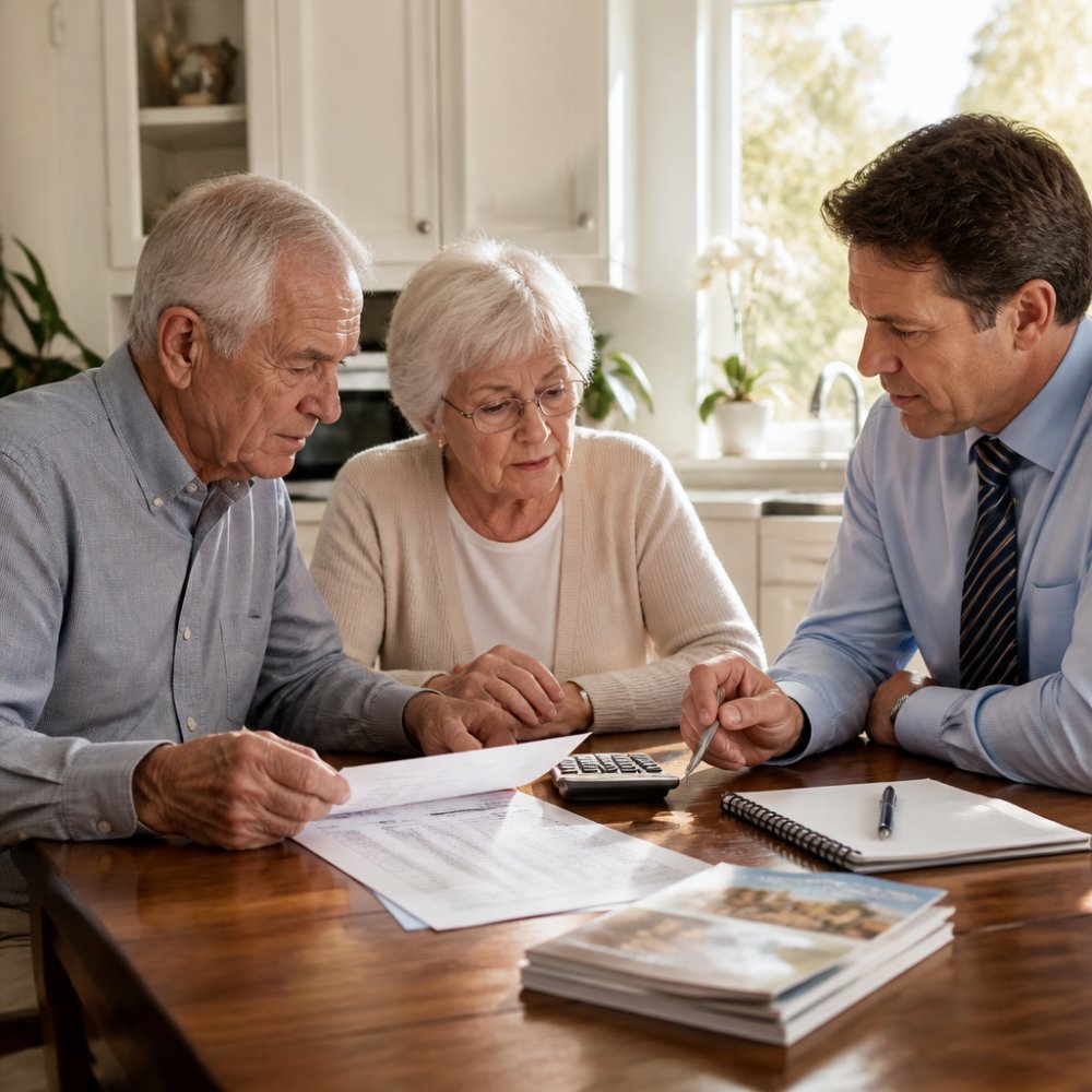 A senior couple reviewing financial documents and a calculator at a kitchen table, a tax adviser's notepad and pen beside them, warm natural afternoon light through a window