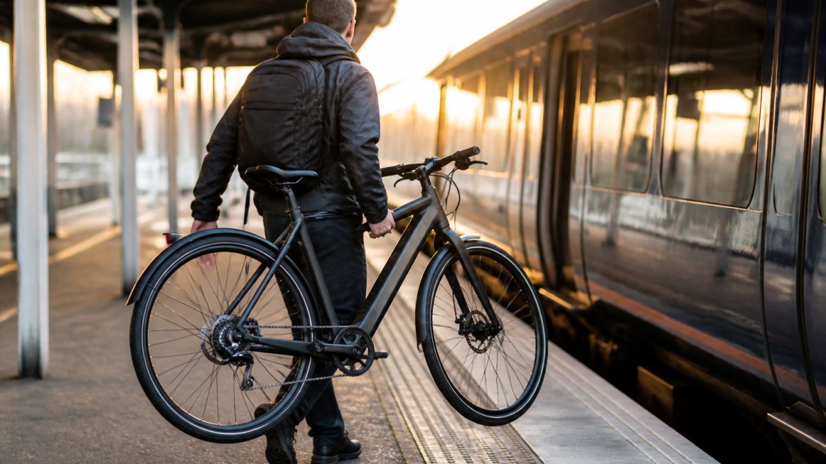 Commuter in a waterproof jacket lifting a slim electric bike onto a train platform at dawn
