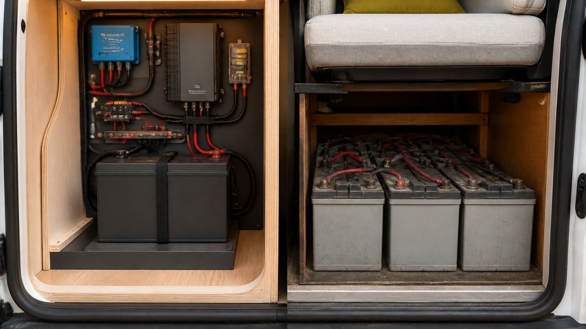 Infographic comparing space efficiency and equipment size of lithium versus lead-acid leisure battery setups.
