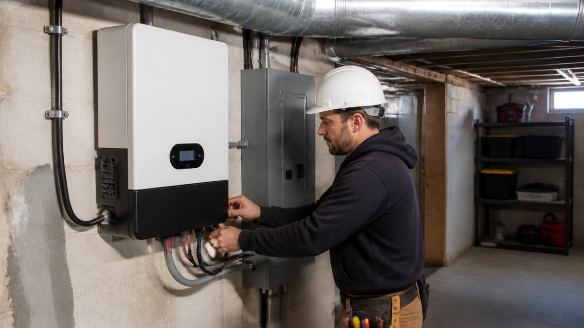 Professional electrician installing a wall-mounted LiFePO4 battery system in a residential basement with proper ventilation ducting and battery management system display visible