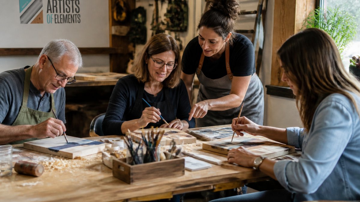 Instructor guiding adults painting laser-engraved wood signs in a studio workshop setting