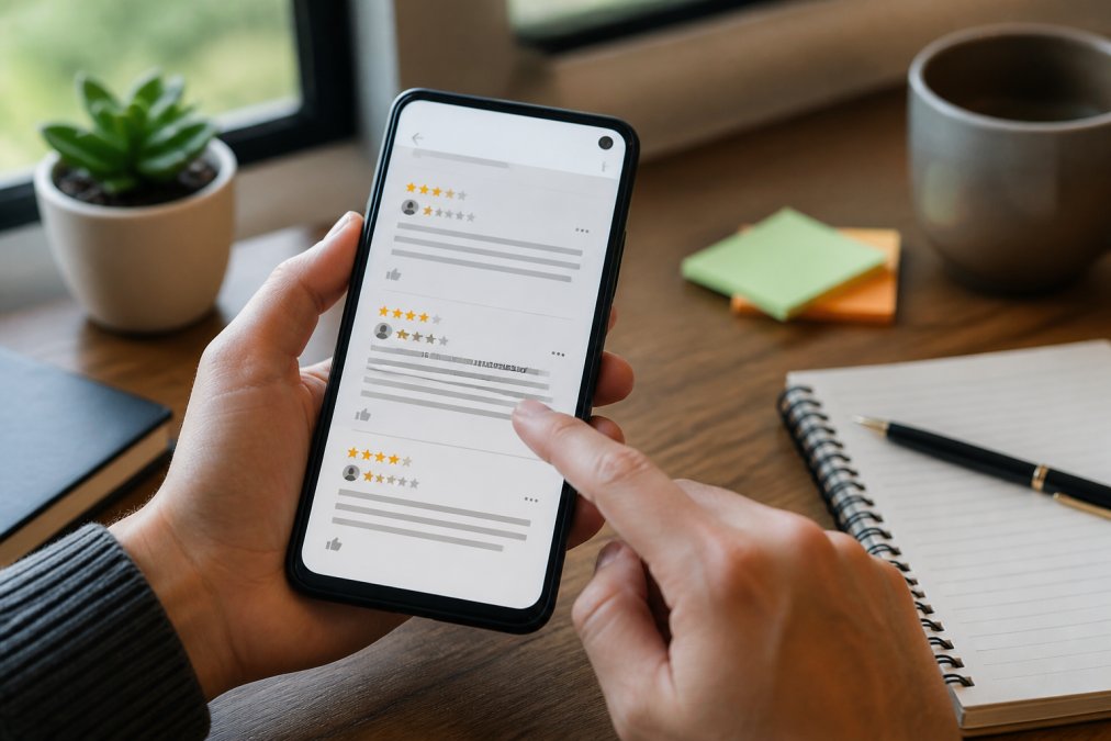 Close-up of a smartphone screen displaying a local business review with visible star ratings and customer feedback text, someone's finger pointing at suspicious review content, natural lighting from window