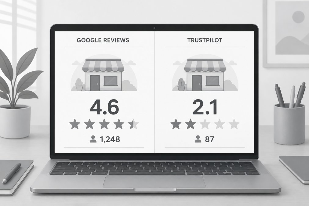 Split-screen laptop display showing the same business listed on Google Reviews and Trustpilot side-by-side, with noticeably different star ratings and review counts visible, natural office lighting