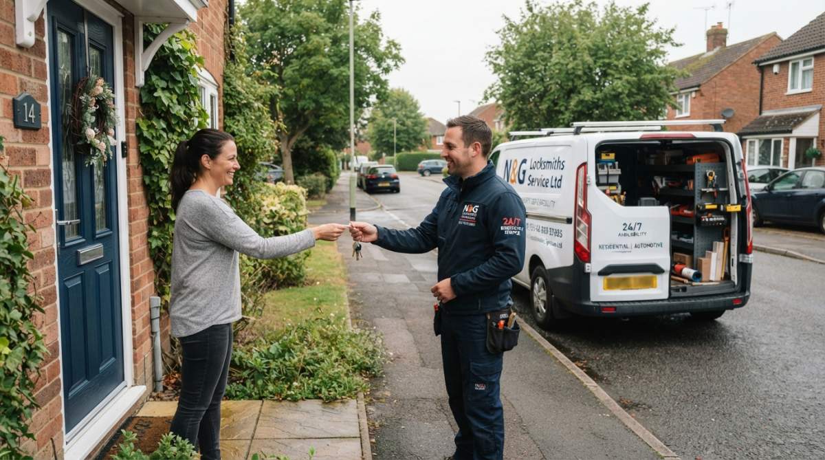 A professional locksmith in branded navy workwear standing beside a white service van on a quiet residential street, holding a key out to a relieved homeowner at the front door, soft morning light