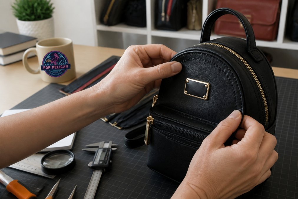 Hands inspecting the stitching and metal hardware on authentic loungefly bags during a quality check.