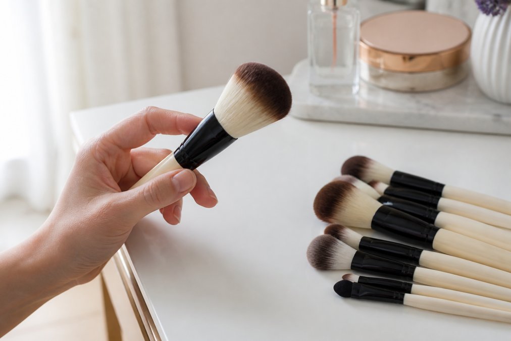 Close-up of a hand holding a natural hair makeup brush with visible dense bristles, resting beside a clean brush set on a minimalist white vanity table with soft natural window lighting
