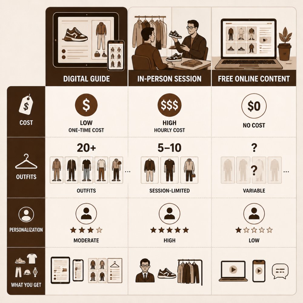 Comparison matrix of three styling guide types: digital guide (low one-time cost, 20+ outfits, moderate personalization), in-person session (high hourly cost, session-limited outfits, high personalization), free online content (no cost, variable outfits, low personalization)