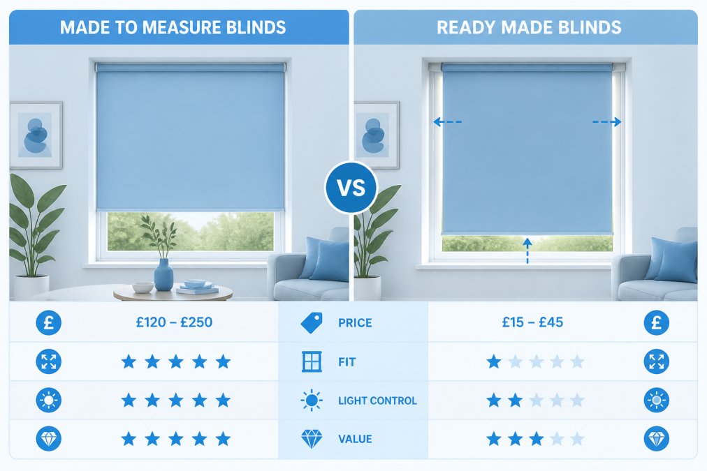 Side-by-side comparison of a neatly fitted made-to-measure roller blind in a bright living room window next to a ready-made blind with visible light gaps at the edges