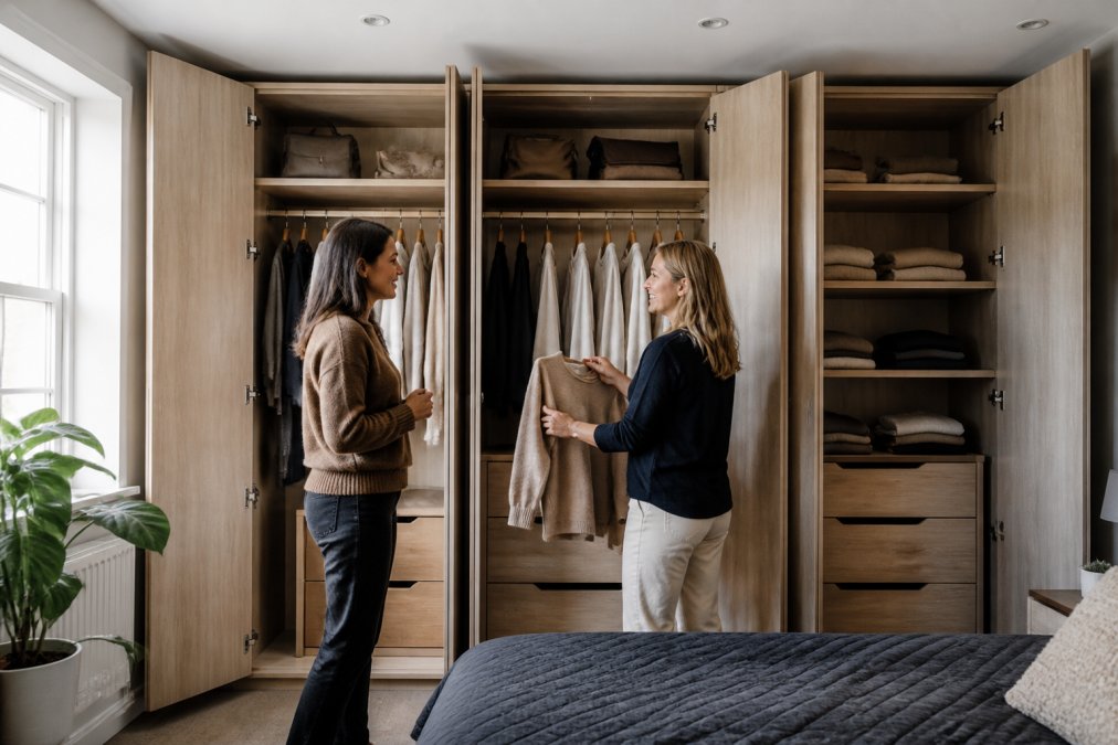 Modern bedroom with open floor-to-ceiling fitted wardrobes featuring organized shelving and hanging rails