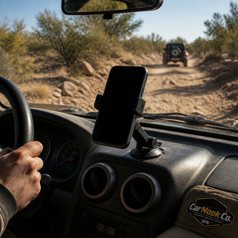 Close-up of a smartphone mounted on a vehicle dashboard during active off-road driving, showing vibration and terrain impact, natural sunlight through windshield