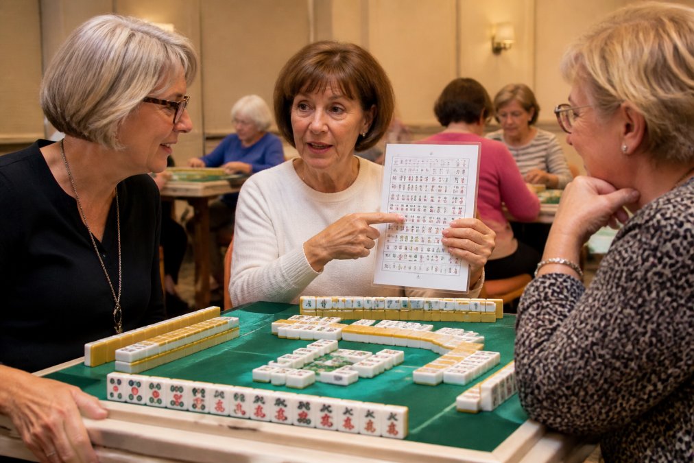Women at a mahjong table using the official rule card to explain if are mahjong cards specific to american style