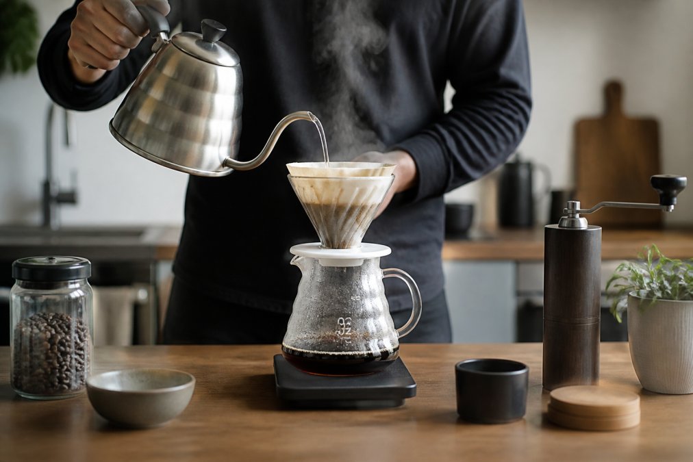 Hands pouring hot water from a kettle over coffee grounds to brew pour over coffee on a digital scale