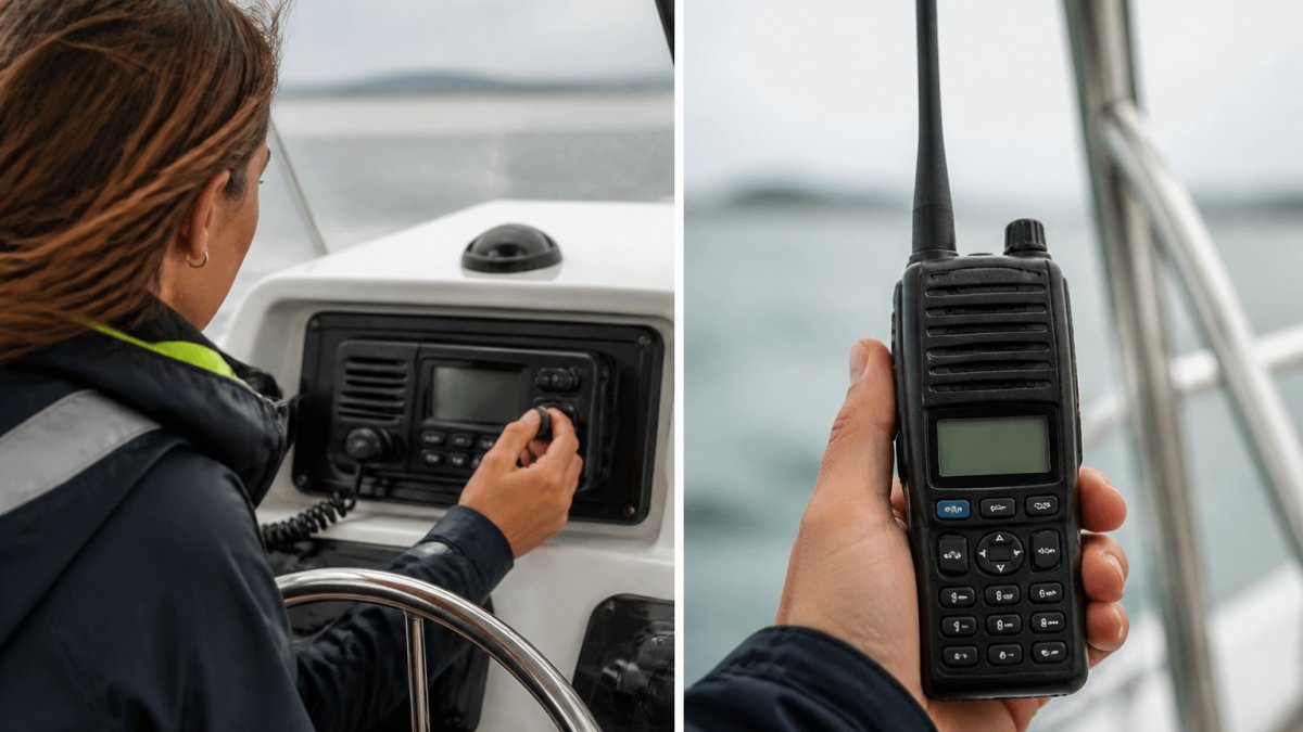 A sailor's hand turning the channel knob on a fixed-mount VHF radio at a helm station, wind-blown hair, gray coastal sky behind