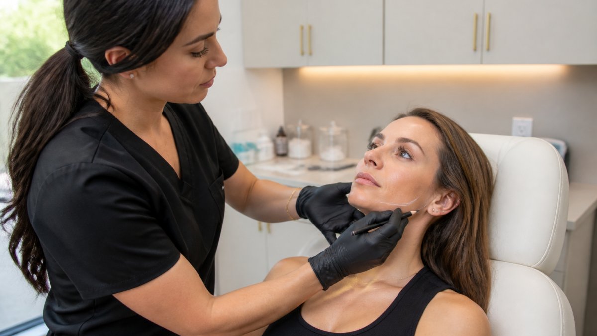 Medical provider marking a patient’s jawline before a masseter Botox injection in a calm clinic.