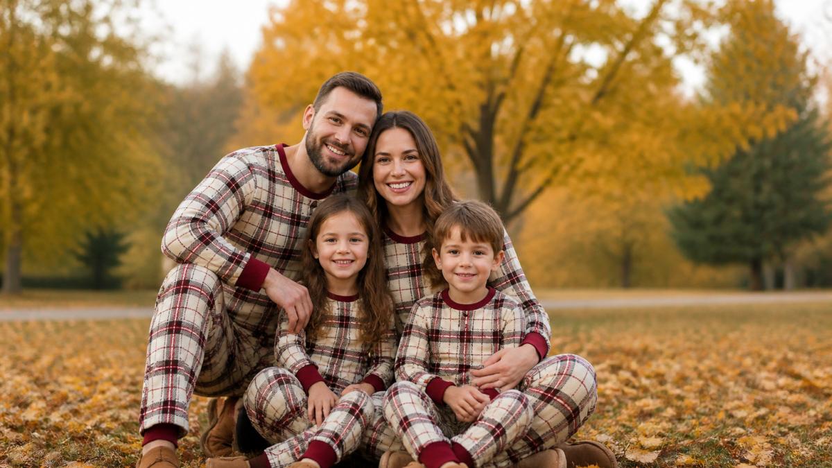 Family of four posing in matching cream and red plaid loungewear sets amidst golden autumn leaves.