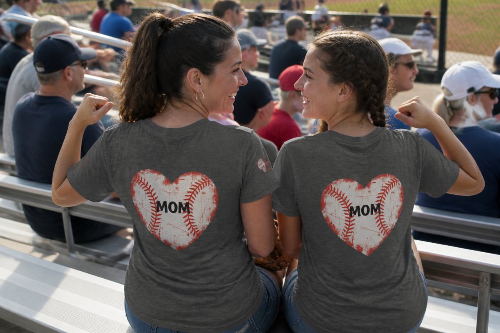 A mother and teenage daughter wearing matching personalized baseball heart mom t-shirts with player names on the back, cheering from the bleachers on a sunny game day with other families visible in background