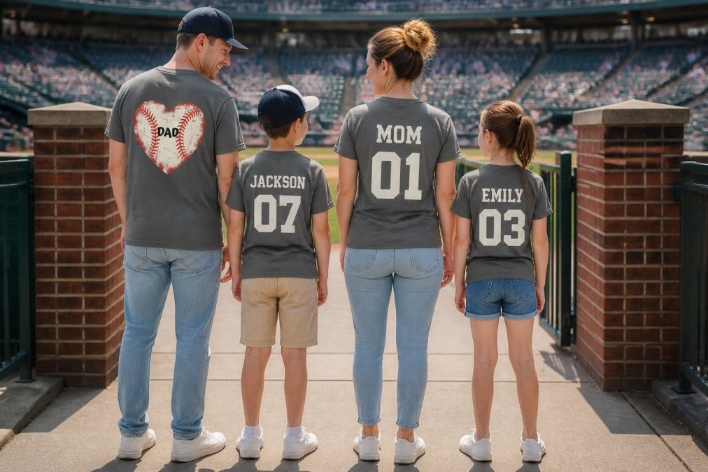 Parents and children standing together wearing matching personalized team sports tees with player names and numbers visible on the back, each styled differently with jeans, shorts, and sneakers