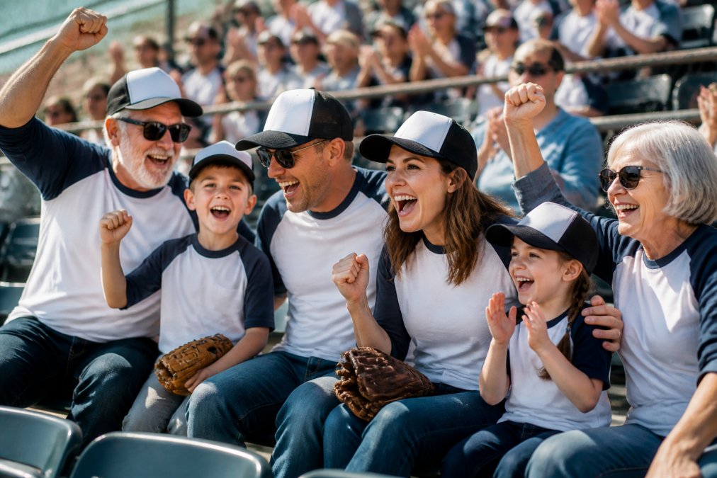 Multi-generational family wearing coordinated sports-themed apparel at a youth baseball game in stadium seating, cheering and celebrating together with natural afternoon lighting