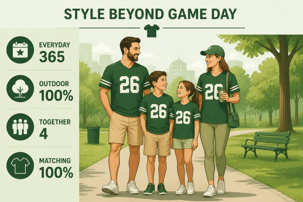 Family of four wearing matching sports shirts styled casually at a park setting, showing how coordinated apparel works for everyday outdoor wear with natural lighting