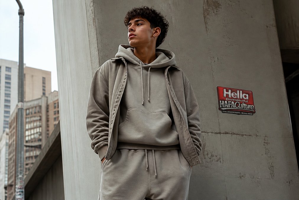 A person wearing a matching streetwear set, layering an open jacket over a hoodie, standing in an urban setting with a relaxed, confident pose