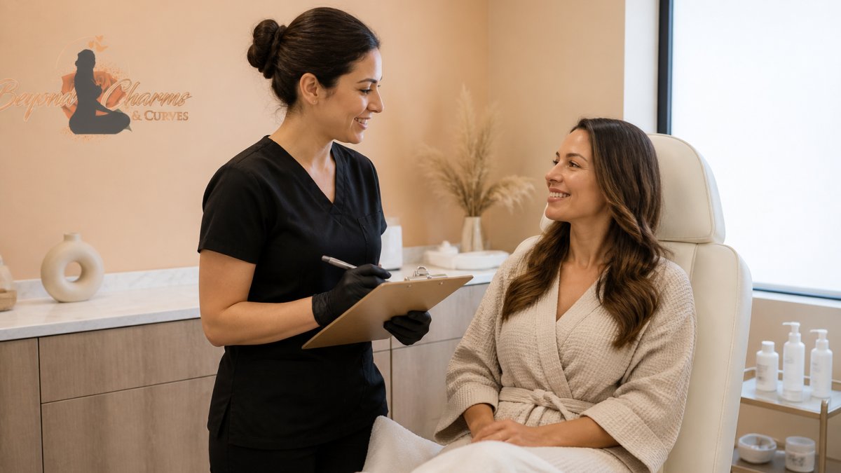 Licensed practitioner reviewing a treatment plan with a patient during medical spa treatments