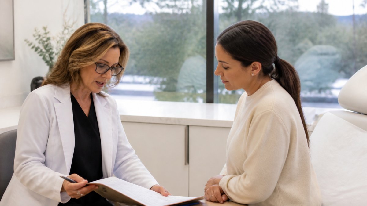 Medical professional in clinical attire reviewing patient records and treatment documentation in a consultation room with modern medical spa design and natural lighting