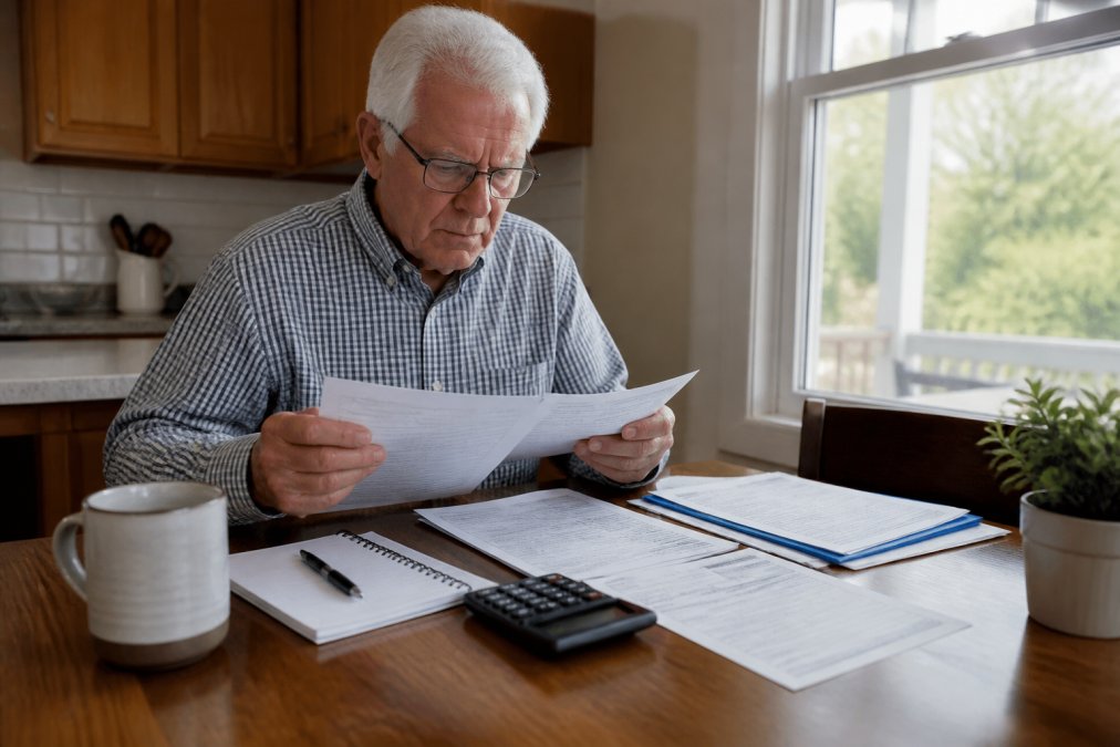 Senior adult reviewing healthcare bills and insurance documents at a kitchen table with a calculator and notepad, natural daylight from window, organized papers and insurance forms