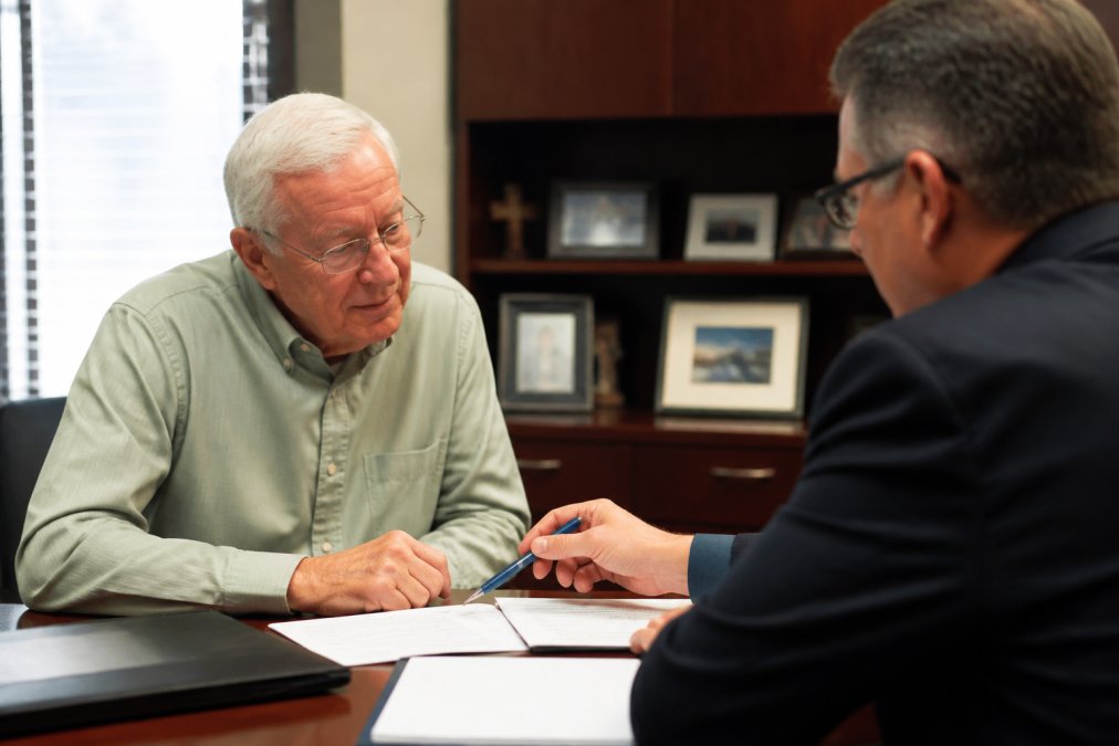 Older person speaking with a healthcare advisor or insurance specialist in a professional office setting, warm office lighting, documents on desk between them