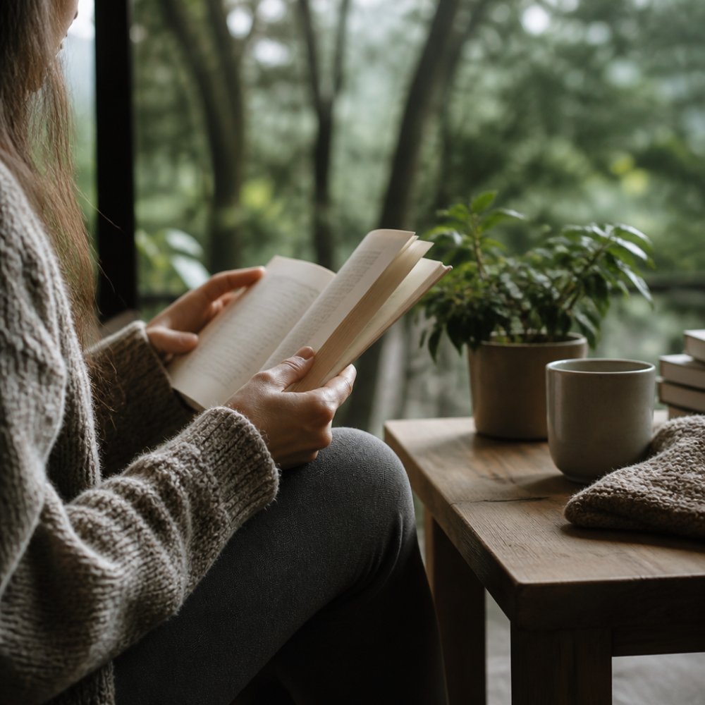 A person sitting comfortably in a quiet room, reading a book with a cup of tea nearby, soft natural light through a window