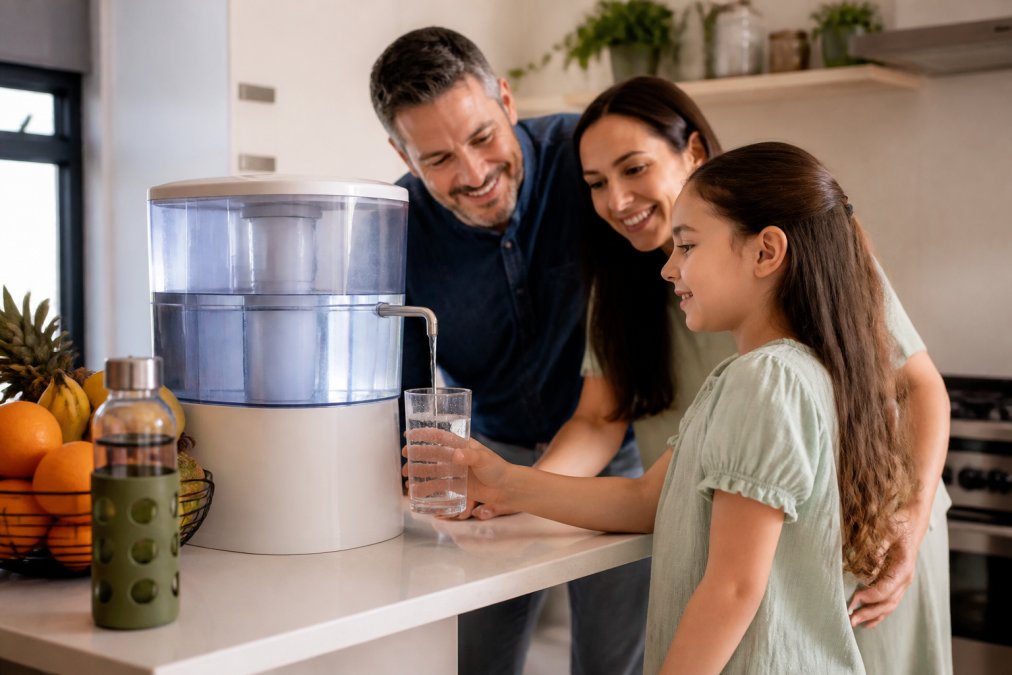 A family in a bright kitchen filling a glass from a bench top water filter system, fresh fruit and a reusable bottle on the counter nearby