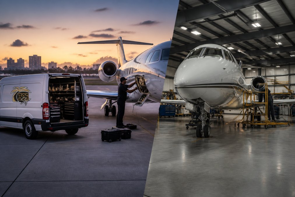 Overhead view of a mobile aircraft maintenance van parked beside a private jet on the tarmac at dusk, with a technician in uniform accessing the aircraft's exterior systems and diagnostic equipment visible