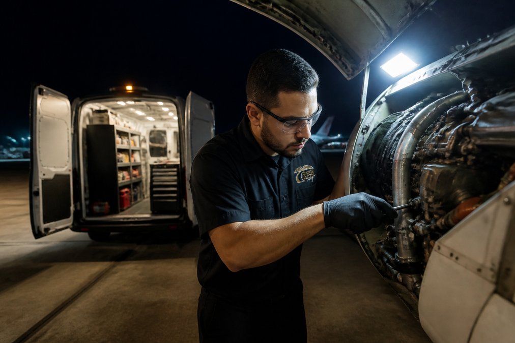 Professional aircraft maintenance technician in uniform working on an aircraft engine at night with specialized tools, mobile maintenance van with equipment visible in the background under bright aircraft work lighting