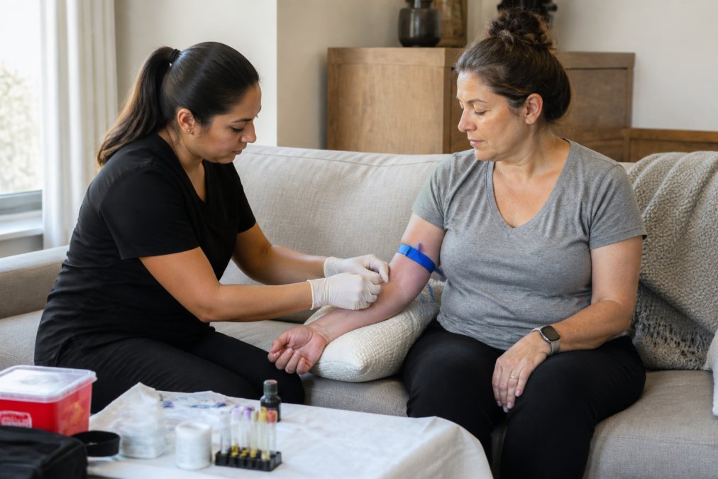A licensed phlebotomist performing mobile blood draws for a patient in a comfortable home living room setting.