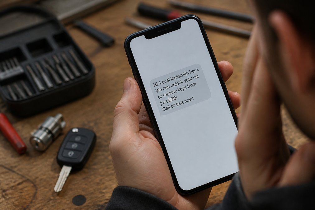 Close-up of a mobile phone screen displaying a suspicious text message from an unknown locksmith service offering unusually low prices, with a concerned person's hand visible in the frame