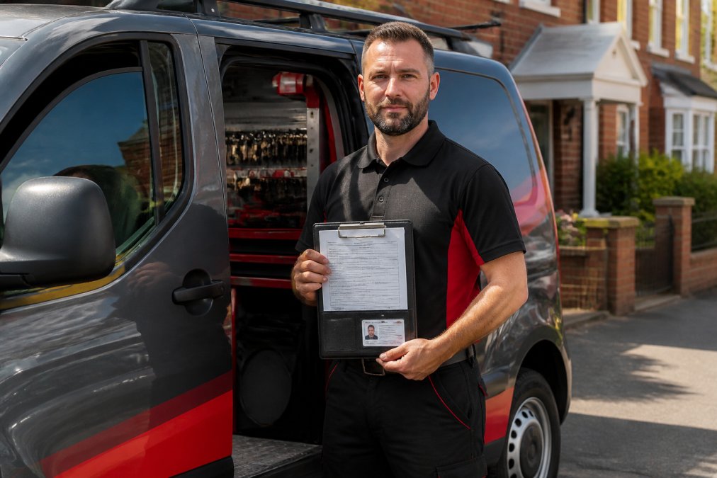 Professional locksmith in branded uniform standing beside a marked mobile service vehicle with visible company branding, holding a clipboard with credentials displayed, in daylight