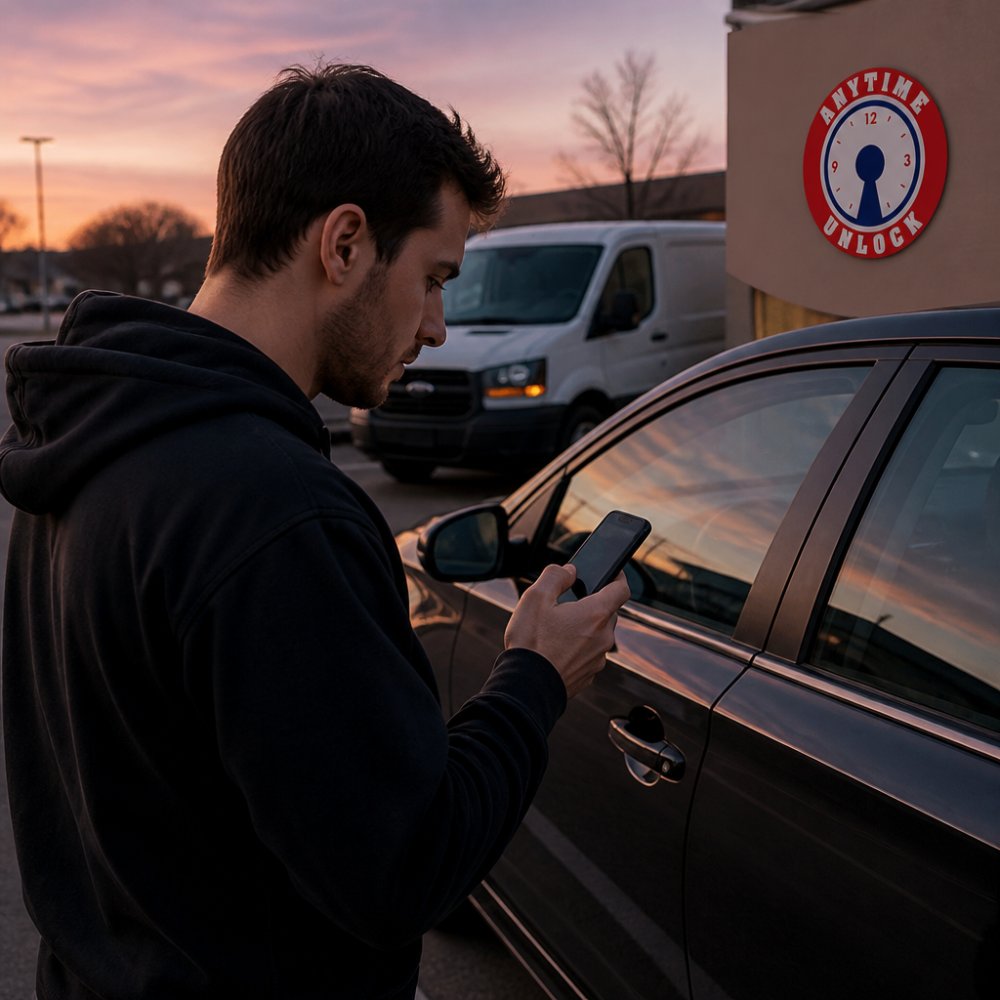 A vehicle owner standing beside a locked car door at dusk, holding a smartphone and checking a locksmith's business listing, with a service van visible in the background