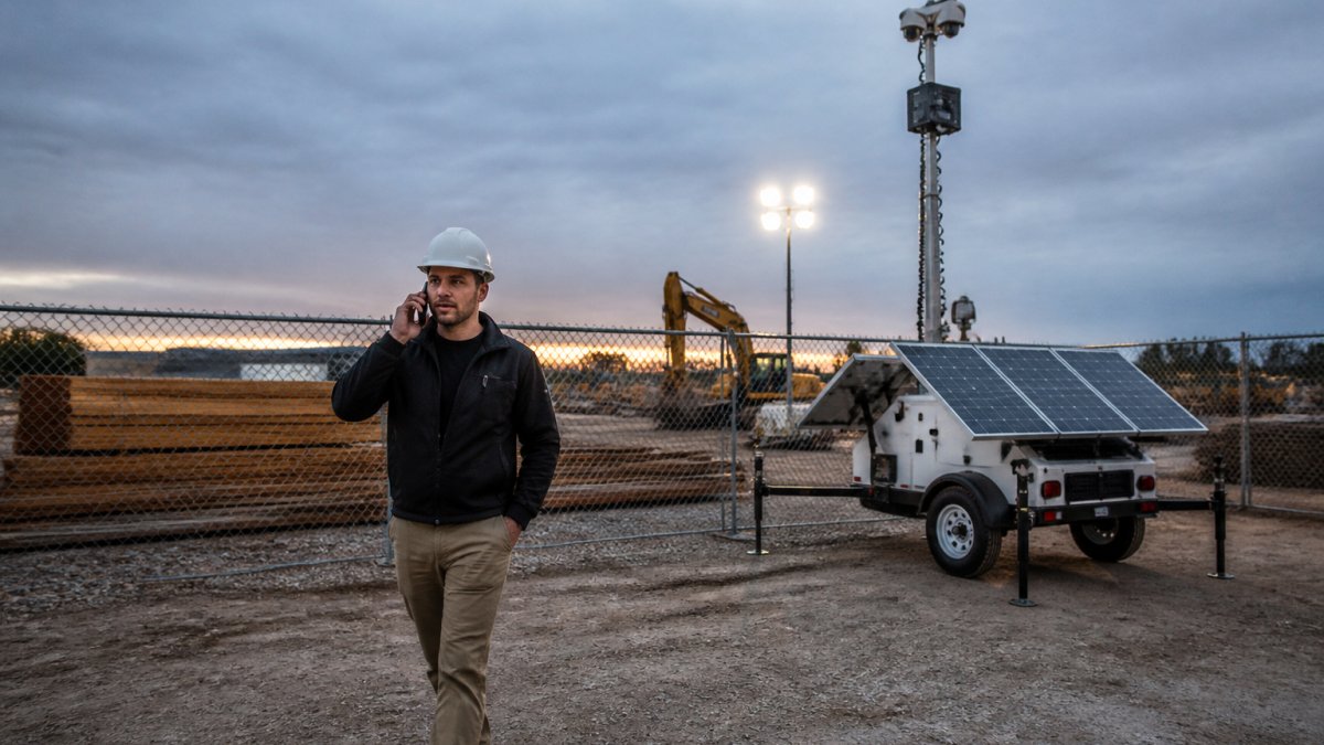Solar-powered mobile surveillance trailer monitoring a construction site at dusk with glowing work lights.