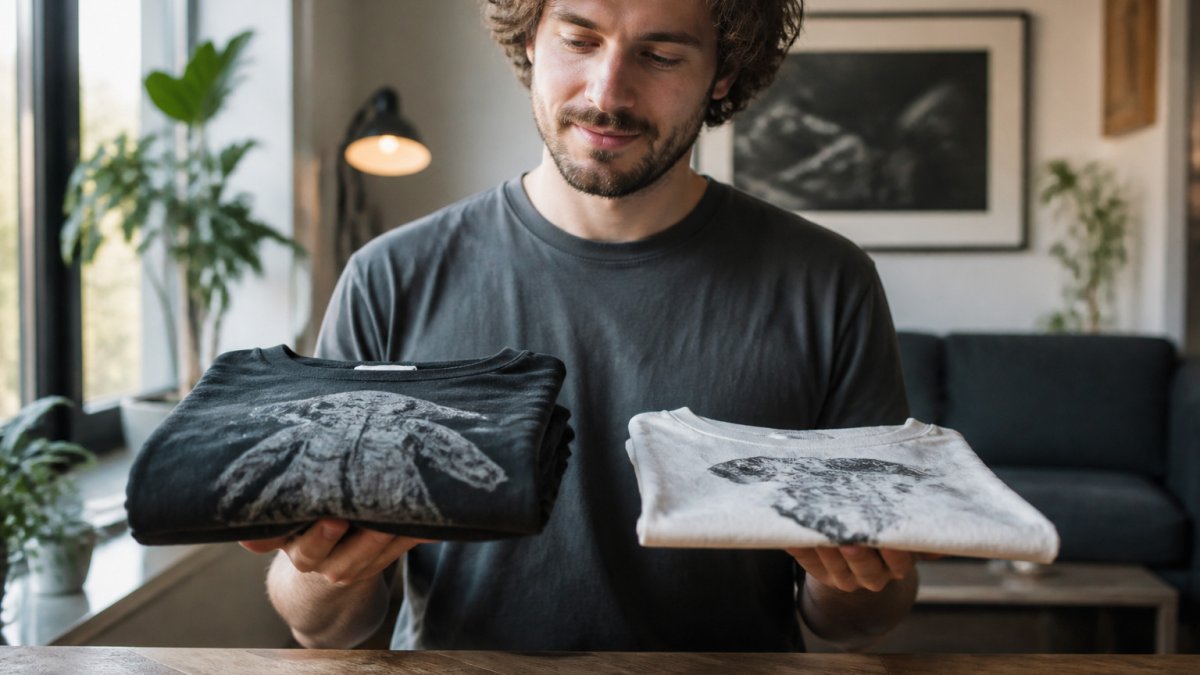 Man holding a thick heavyweight graphic tee next to a thinner lightweight shirt in natural light